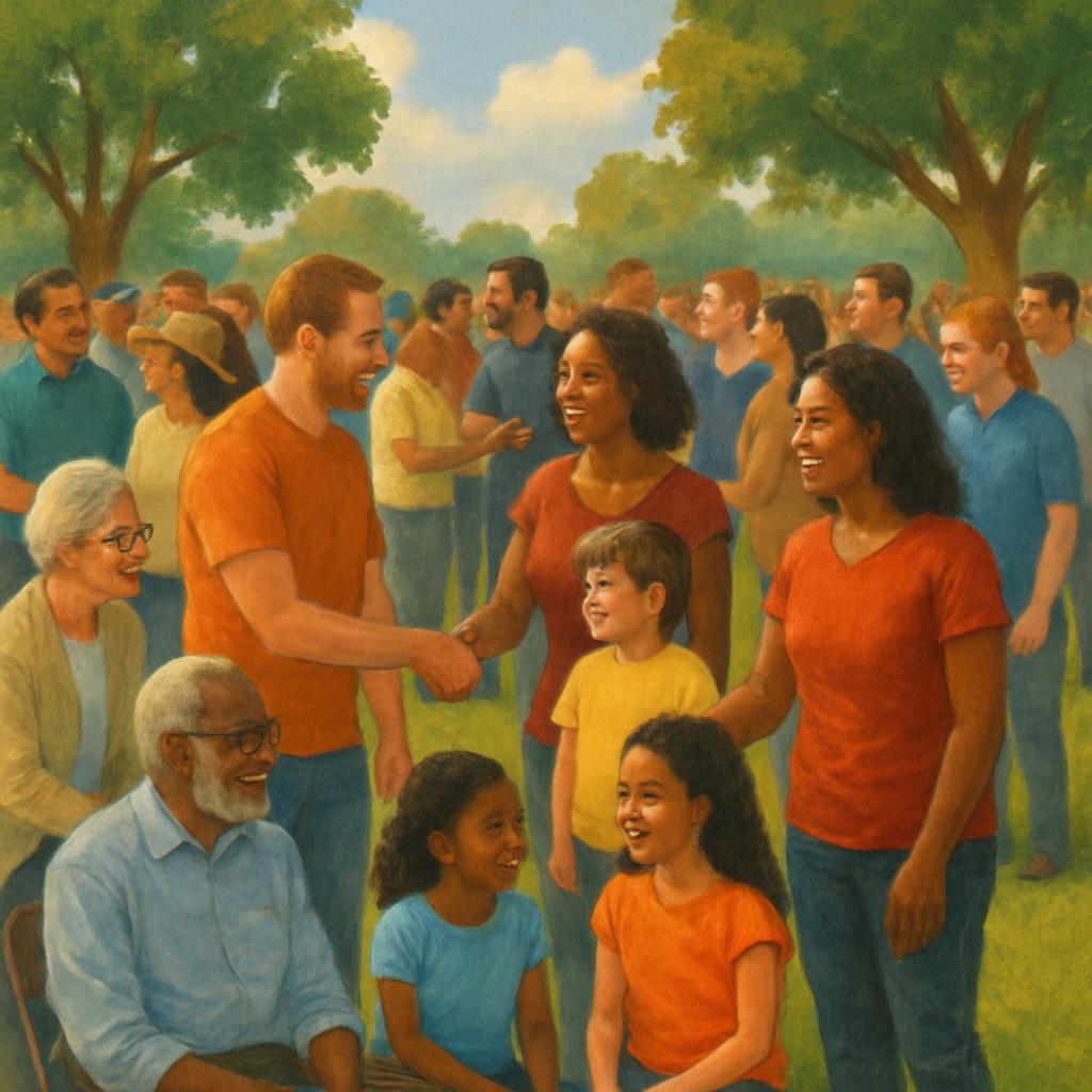 A group of people, predominantly adults and children, stand in a grassy field; people are mixed races, with a small child ...