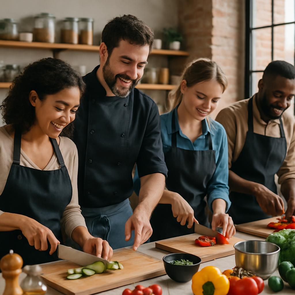 Four people in cooking aprons are preparing vegetables on wooden cutting boards. Their cutting boards and kitchen countert...