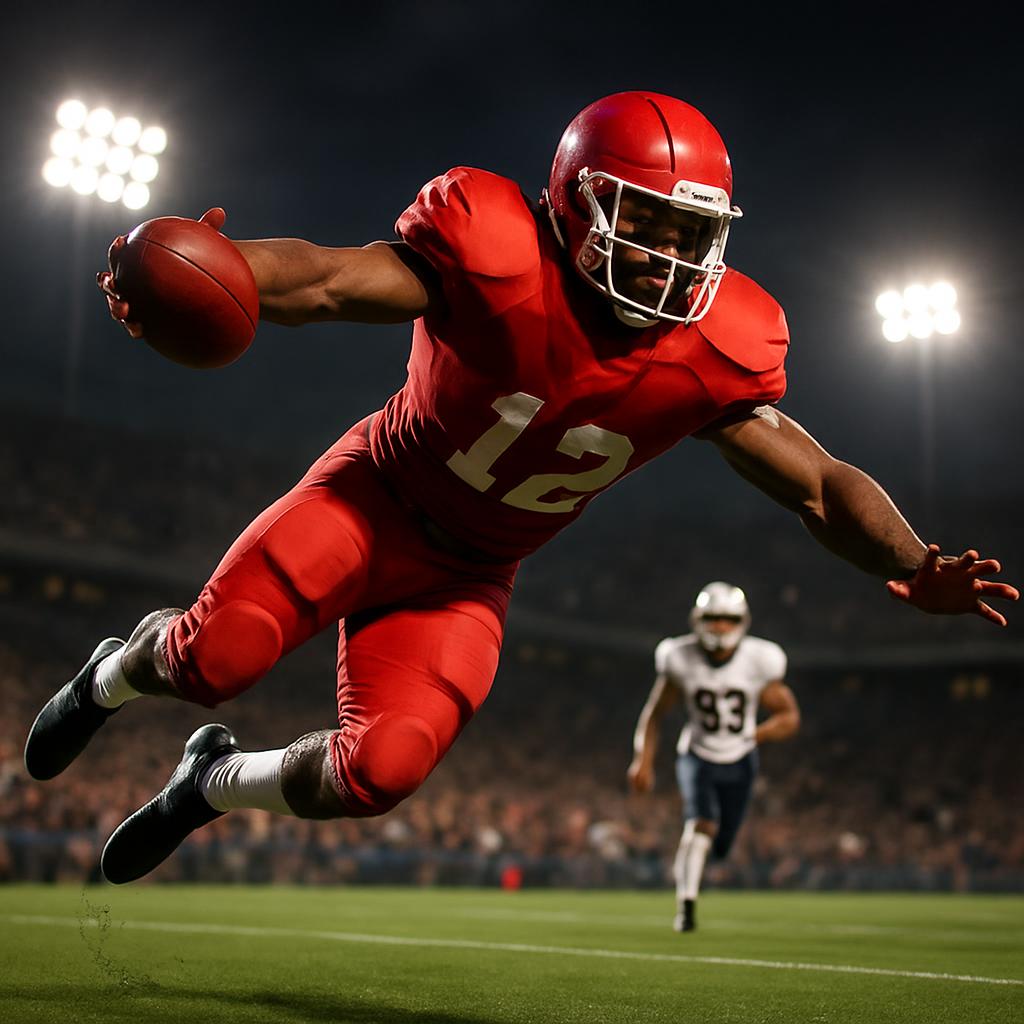 American football player catching a ball, wearing a red uniform.