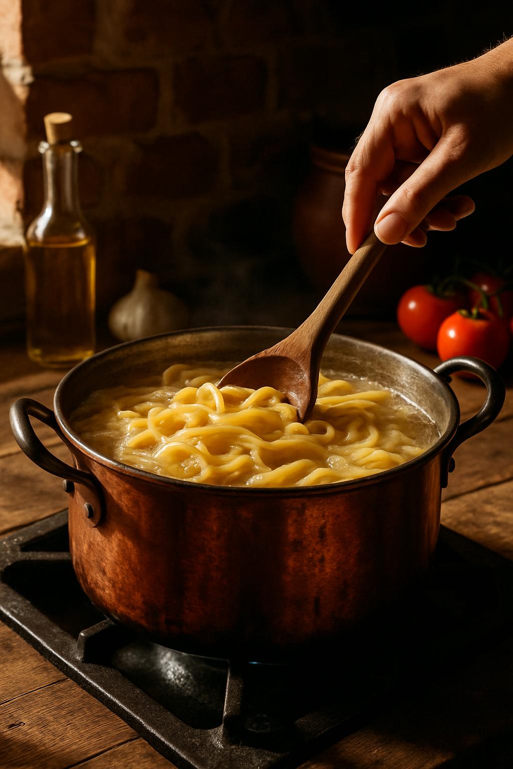 A person is stirring a large pot of pasta on a stove. The pot is brown and the pasta is yellow, with a wooden spoon being ...