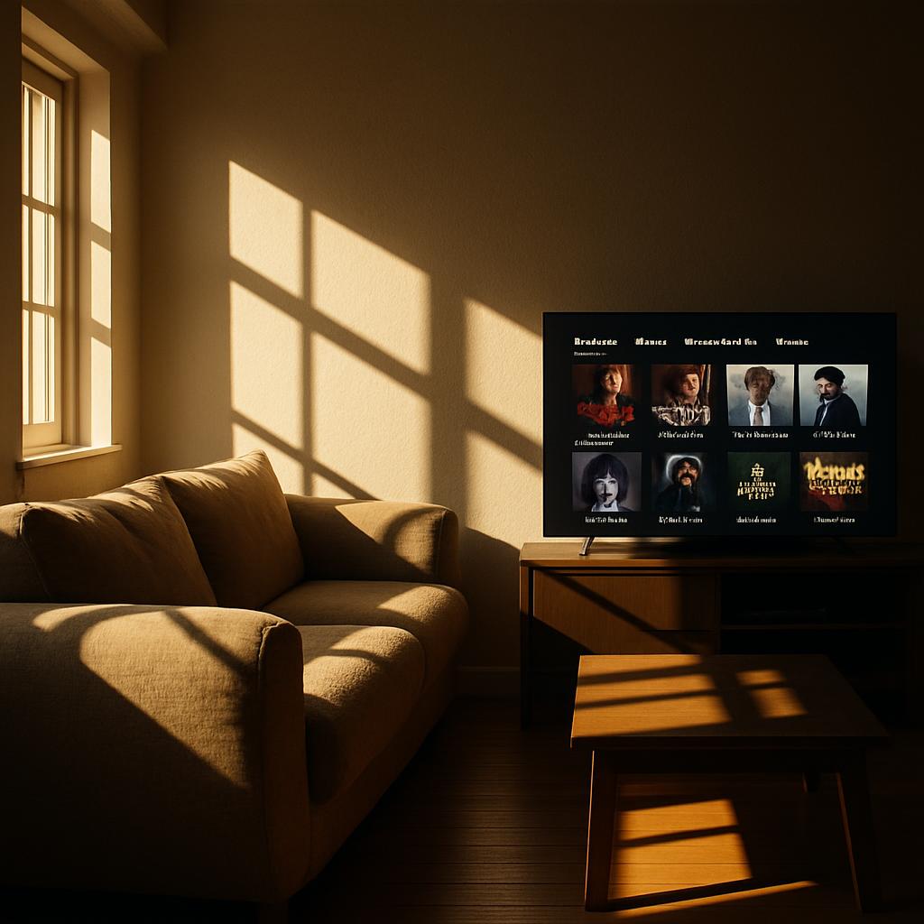 A living room scene with a TV displaying a list of movies, set against a white wall with a window and a yellow couch in th...