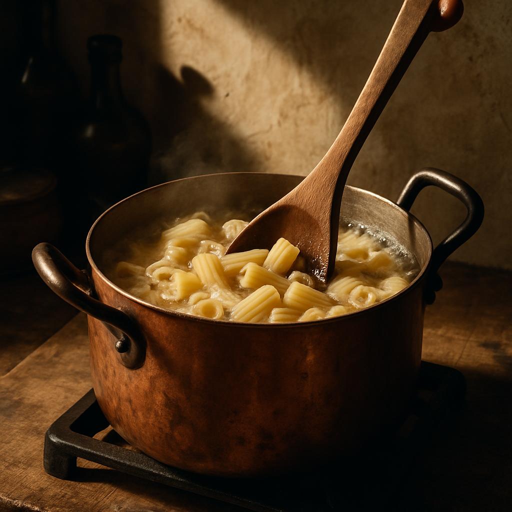A copper cooking pot containing pasta.