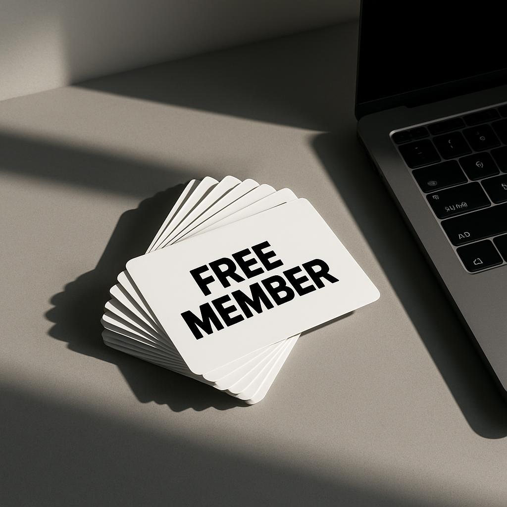 "Stack of white business cards with 'FREE MEMBER' on top, next to an open laptop on a desk."